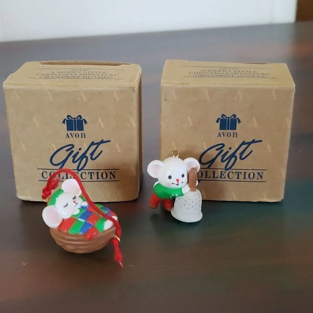 Vtg Lot of 2 Avon Merry Little Christmas Miniature Ornaments Nutmeg and Jingles